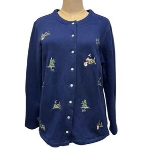 "Classic Elements"Navy Embroidered Winter Scene Cardigan Women's SZ M  Christmas